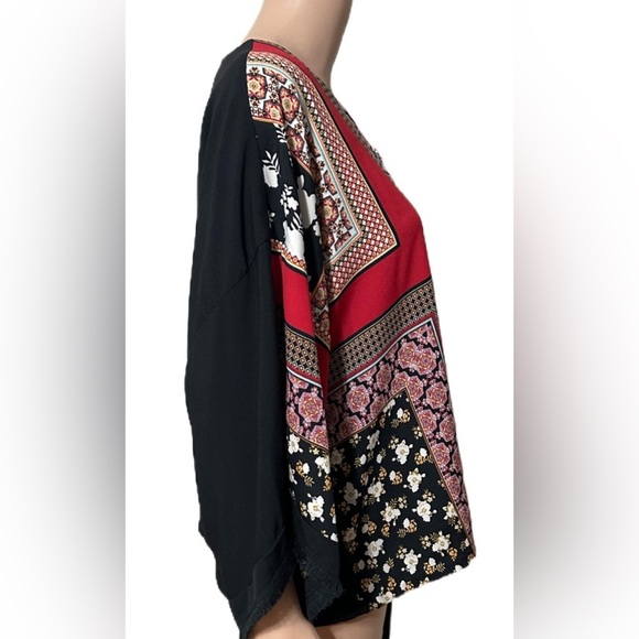 Chico’s Boho Patchwork Floral Print Zip Kimono Top Blouse 1 (M) Fringe Cuff Boho - Picture 3 of 7